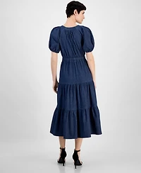 Anne Klein Women's Split-Neck Puff-Sleeve Denim Midi Dress