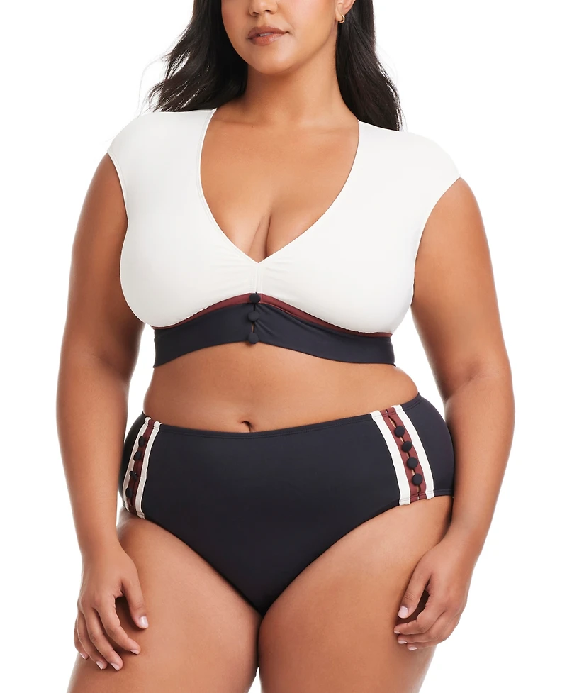 Bleu by Rod Beattie Plus Button-Down Cap-Sleeve Cropped Swim Top