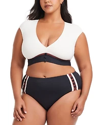 Bleu by Rod Beattie Plus Button-Down Cap-Sleeve Cropped Swim Top