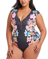 Bleu by Rod Beattie Plus Size Border-Print Sweet Escape Cap-Sleeve Zip-Front Swimsuit
