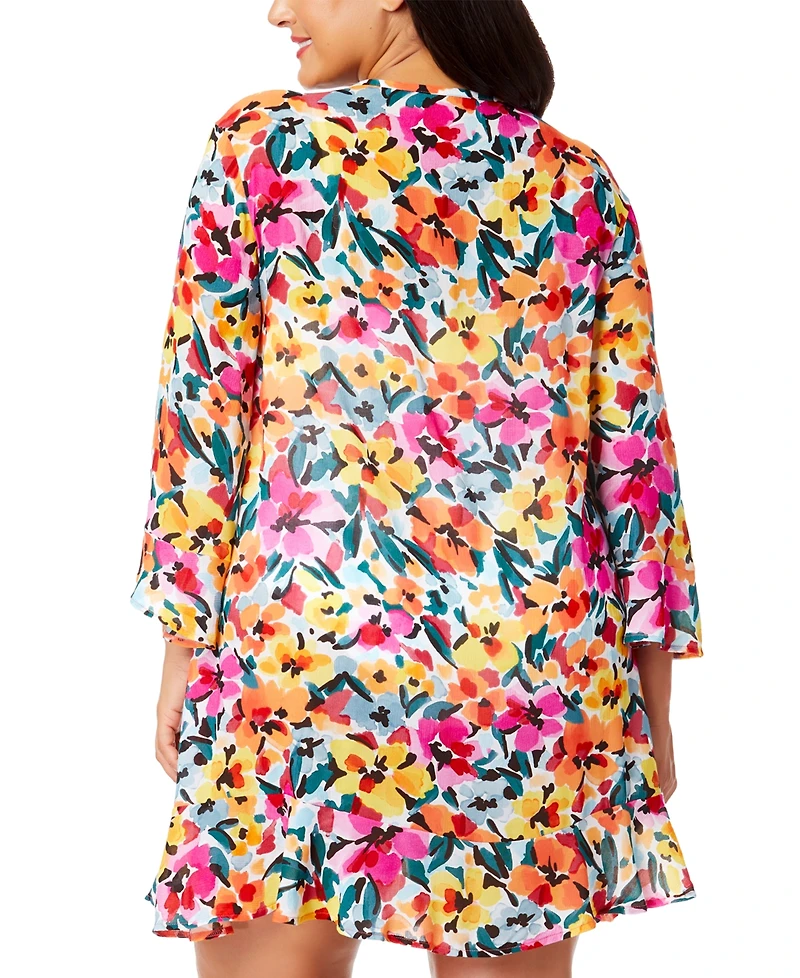 Anne Cole Plus Size Floral-Print Flounce Tunic Swim Cover-Up