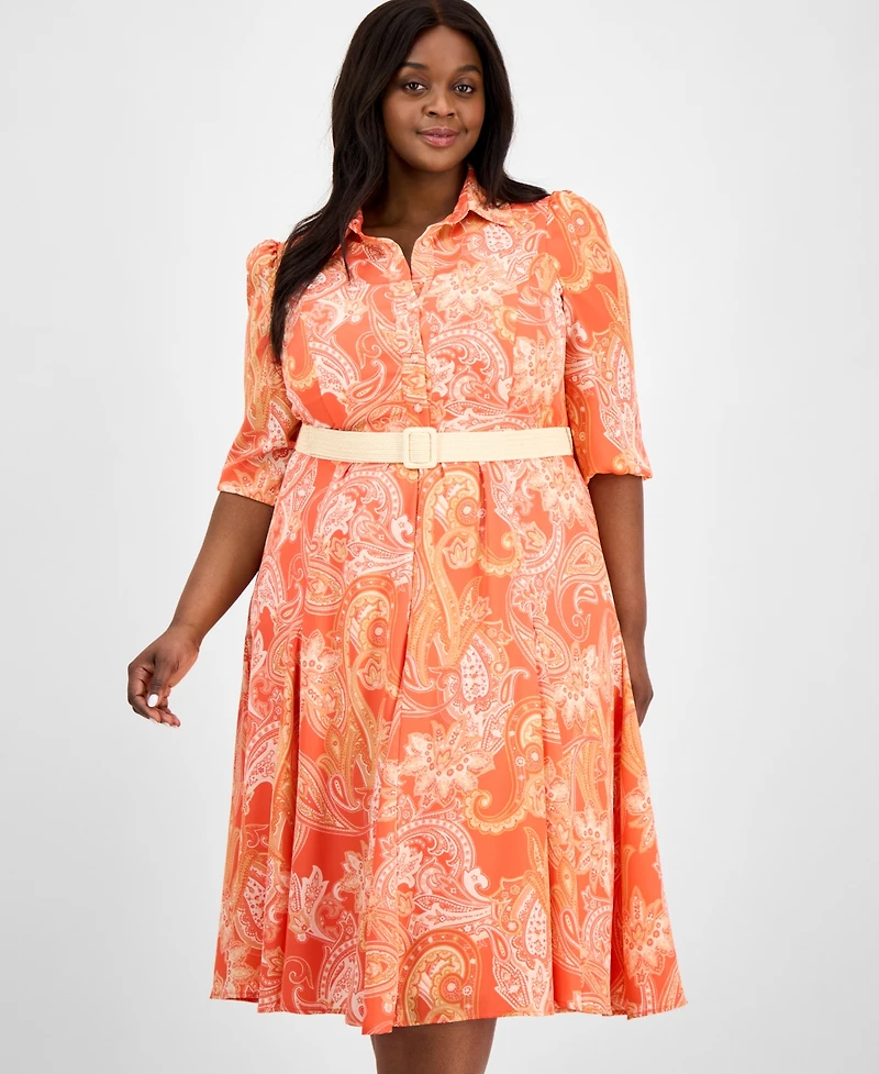 Tahari Asl Plus Size Printed Belted Midi Shirtdress