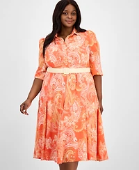 Tahari Asl Plus Size Printed Belted Midi Shirtdress
