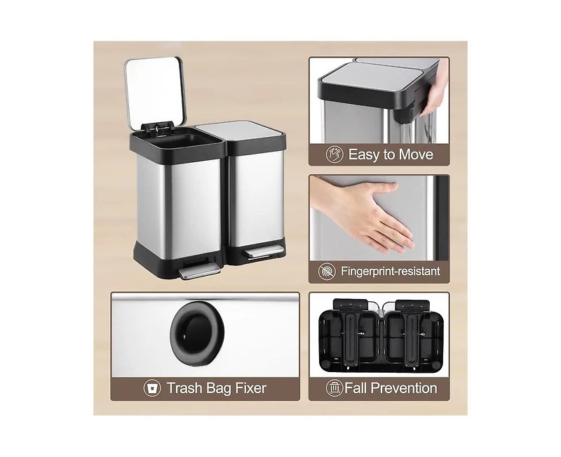 Dual Trash Can, Stainless Steel 2 x 6.5 Gal (2 x 25L) Garbage Can, Double Steel Pedal Recycle Bin with Lid and Inner Buckets, Rectangular Hands-Free K
