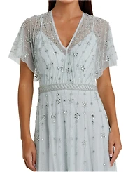 Mac Duggal Women's V-Neck Embellished Flutter Sleeve A Line Gown
