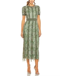 Mac Duggal Women's High Neck Short Sleeve Crystal Fringe Column Dress