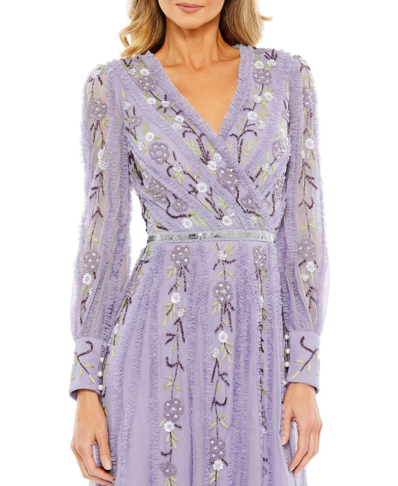 Mac Duggal Women's Long Sleeve Embroidered Wrap Midi Dress
