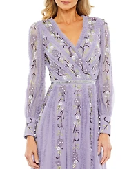 Mac Duggal Women's Long Sleeve Embroidered Wrap Midi Dress