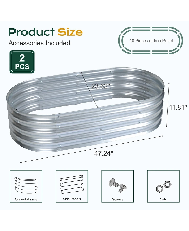 Aoodor 2Pcs Galvanized Raised Garden Bed Kit,47.24''(L) x 23.62''(W) x11.81''(H) Outdoor Garden Planter Oval Large Boxes for Vegetables, Flowers, Herb