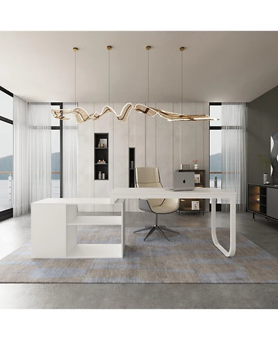 Famapy 55.1 in. L-Shaped Brown Wood Computer Desk Writing Office Executive W/Removable Tabletop, Shelves, 3-Drawers