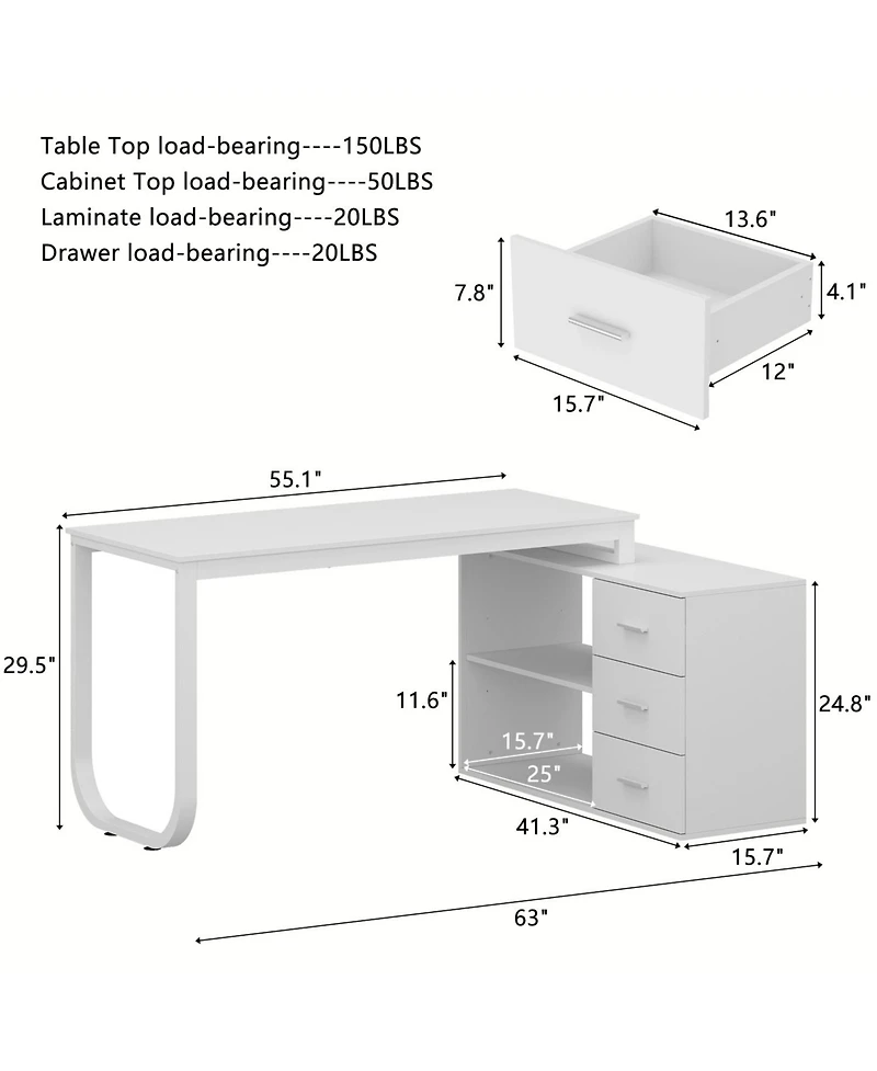 Famapy 55.1 in. L-Shaped Brown Wood Computer Desk Writing Office Executive W/Removable Tabletop, Shelves, 3-Drawers