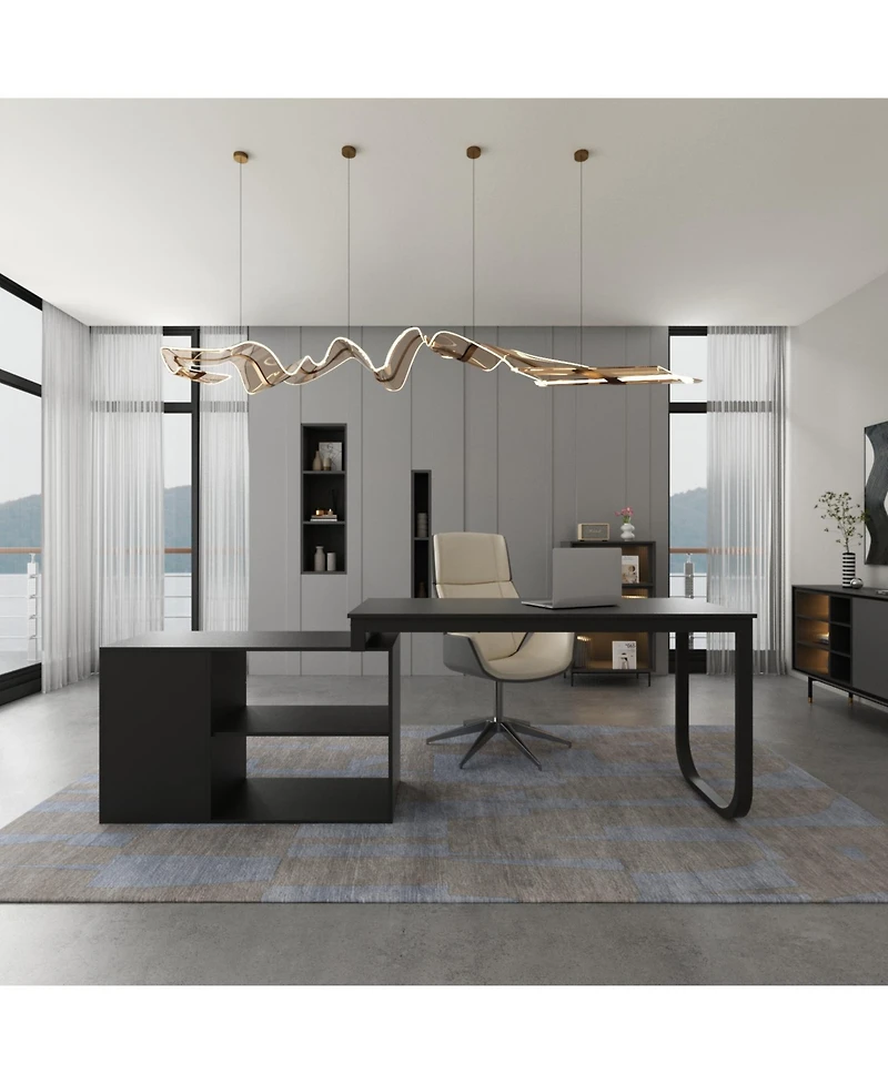 Famapy 55.1 in. L-Shaped Brown Wood Computer Desk Writing Office Executive W/Removable Tabletop, Shelves, 3-Drawers