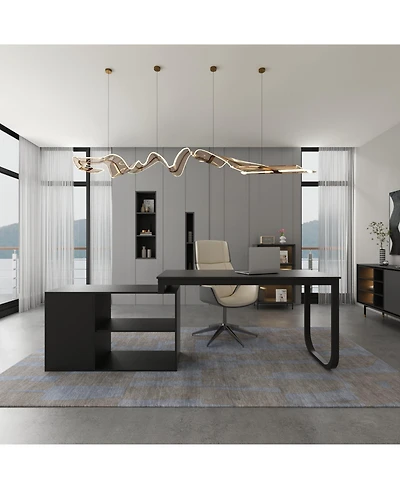 Famapy 55.1 in. L-Shaped Brown Wood Computer Desk Writing Office Executive W/Removable Tabletop, Shelves, 3-Drawers