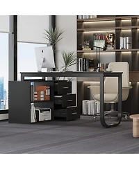 Famapy 55.1 in. L-Shaped Brown Wood Computer Desk Writing Office Executive W/Removable Tabletop, Shelves, 3-Drawers