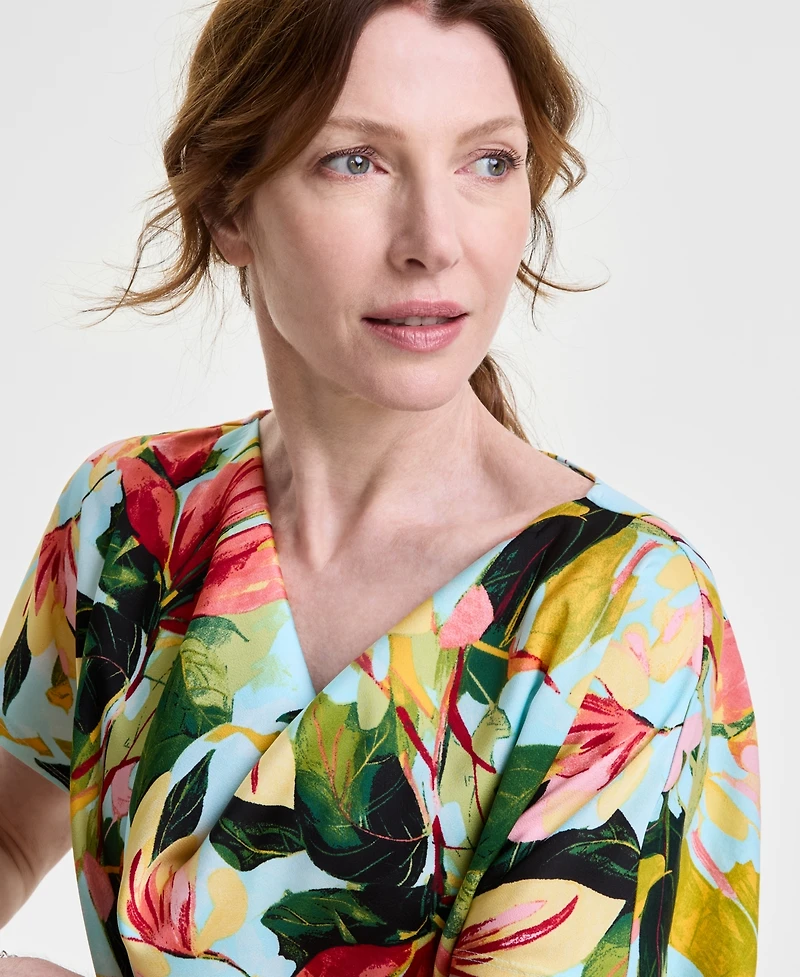 Jm Collection Women's Printed Cowl Neck Mixed-Media Top, Exclusively at Macy's