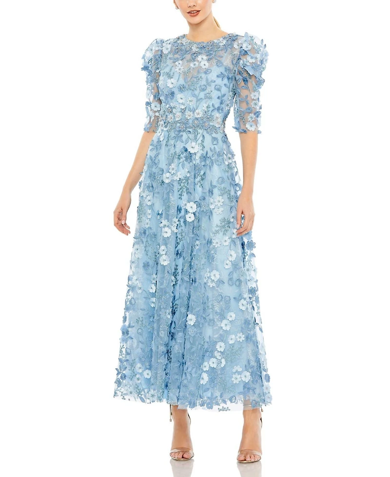 Women's Applique High Neck Puff Sleeve A Line Dress