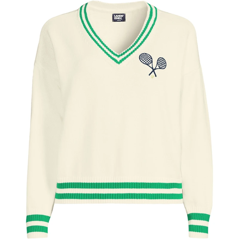 Lands' End Plus Drifter Varsity Vneck Sweater with Crest