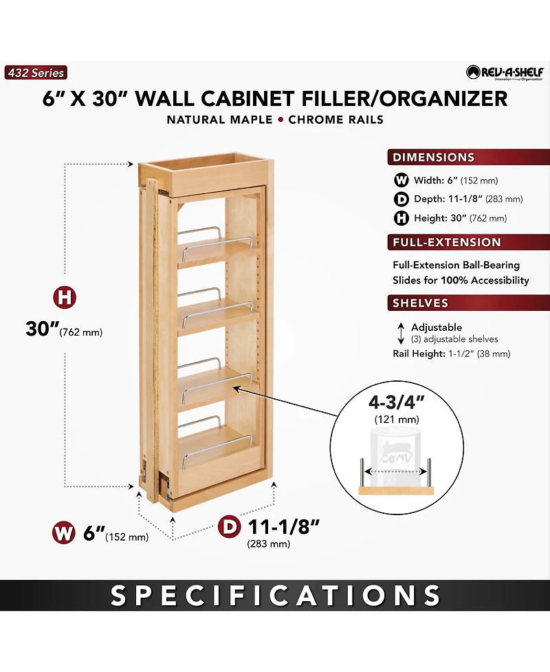 Rev-a-Shelf Pullout Wall Filler Between Cabinet Shelf Storage 6"x30", 432-wf-6C