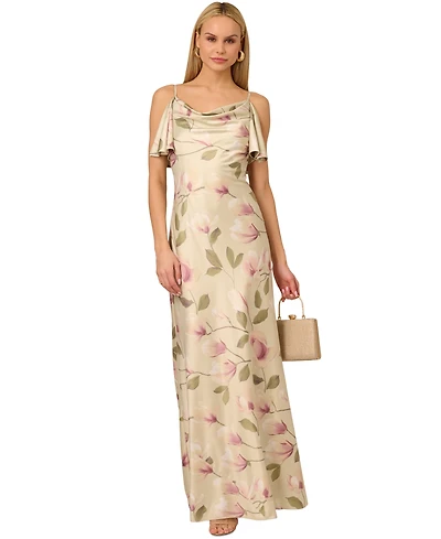 Adrianna Women's Printed Satin Sleeveless Cowlneck Gown