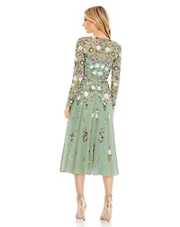 Mac Duggal Women's Sequined Floral Long Sleeve High Neck Midi Dress
