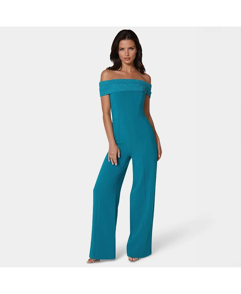 Bebe Women's Studded Off Shoulder Palazzo Jumpsuit