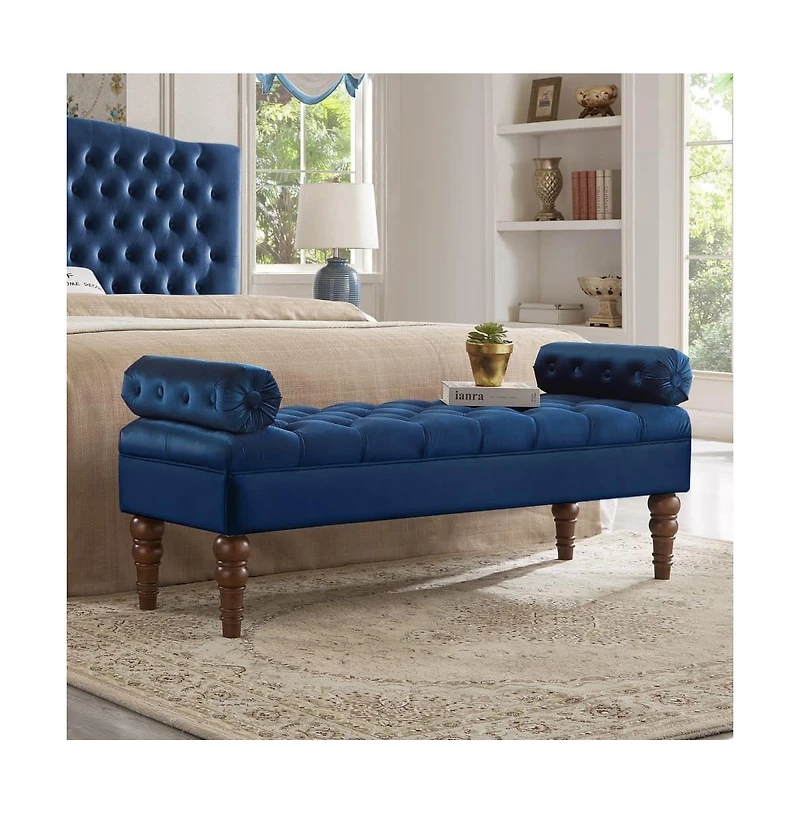 Velvet Tufted Bench for Bedroom, Living Room & Entryway, Window with Spindle Wooden Legs-The Pop Home