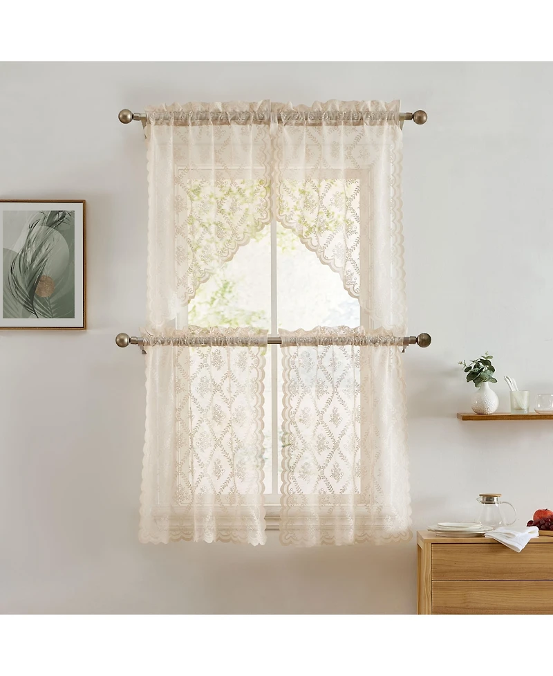 Hlc.me Isabella Floral Rod Pocket Lace Semi Sheer Voile Short Cafe Tiers for Small Windows - 28 x 36 Inch Length (Taupe Tiers, Set of 2)