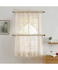 Hlc.me Isabella Floral Rod Pocket Lace Semi Sheer Voile Short Cafe Tiers for Small Windows - 28 x 36 Inch Length (Taupe Tiers, Set of 2)
