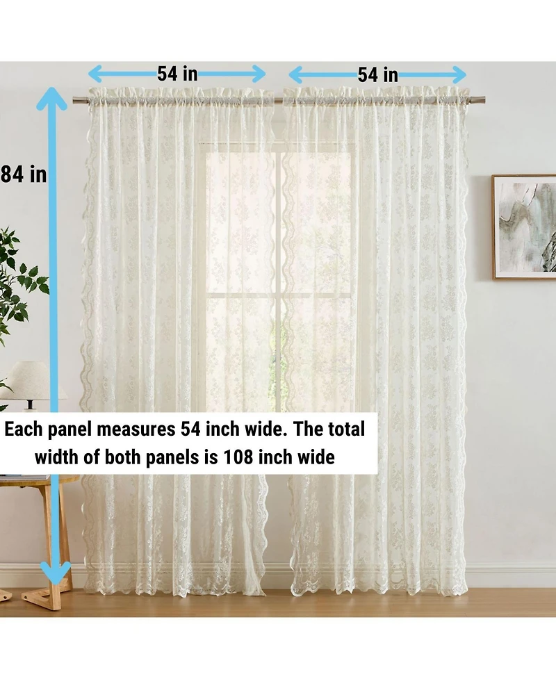 Hlc.me Jolene Floral Soft Decorative Lace Semi Sheer Light Filtering Rod Pocket Window Treatment Curtain Panels