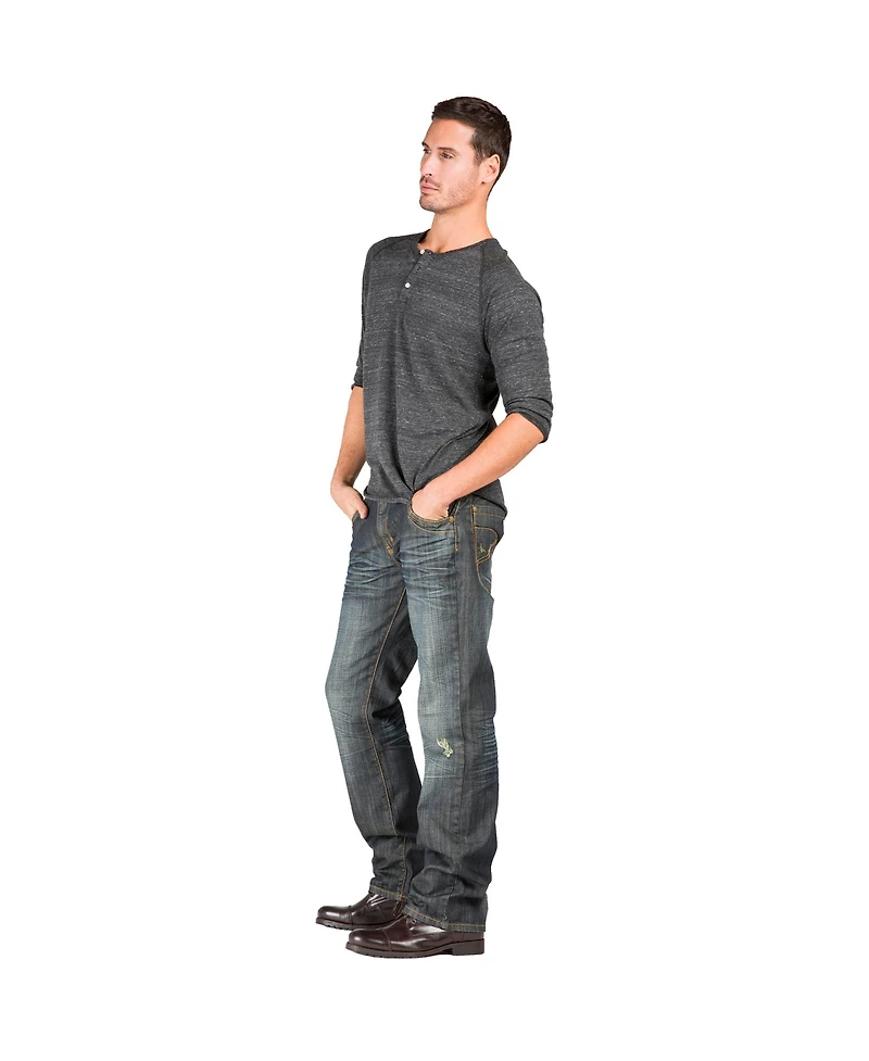 Level 7 Men's Relaxed Straight Leg Dark Vintage Hand Rub Premium Denim Jeans Zipper Trim Pocket