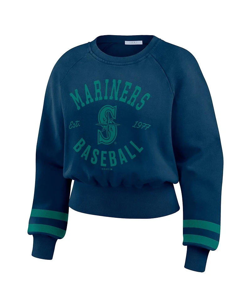 Wear by Erin Andrews Women's Navy Seattle Mariners Vintage Washed Cropped Pullover Sweatshirt