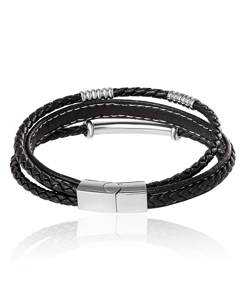 Lucky Brand Stainless Steel Triple Row Black Cord Bracelet - 8.25"
