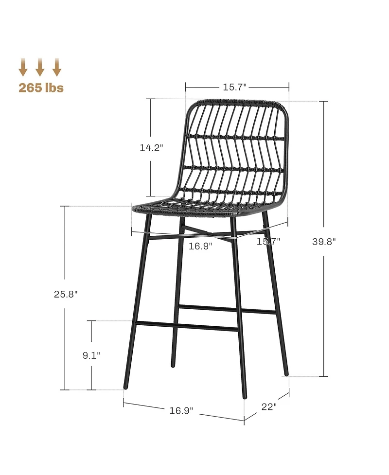 Homcom Rat Counter Height Bar Stools Set of 2 Barstools with Back,