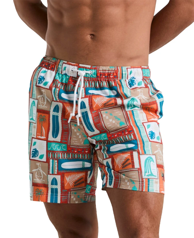 Original Penguin Men's Slim Fit Surf Print Drawstring 7" Swim Trunks