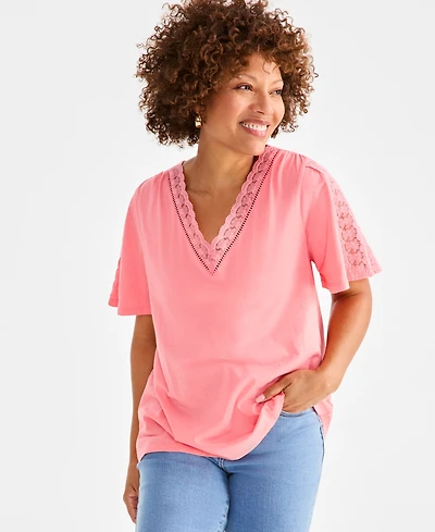 Style & Co Petite Lace-Trimmed V-Neck Pullover Top, Exclusively at Macy's