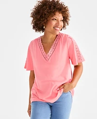 Style & Co Petite Lace-Trimmed V-Neck Pullover Top, Exclusively at Macy's