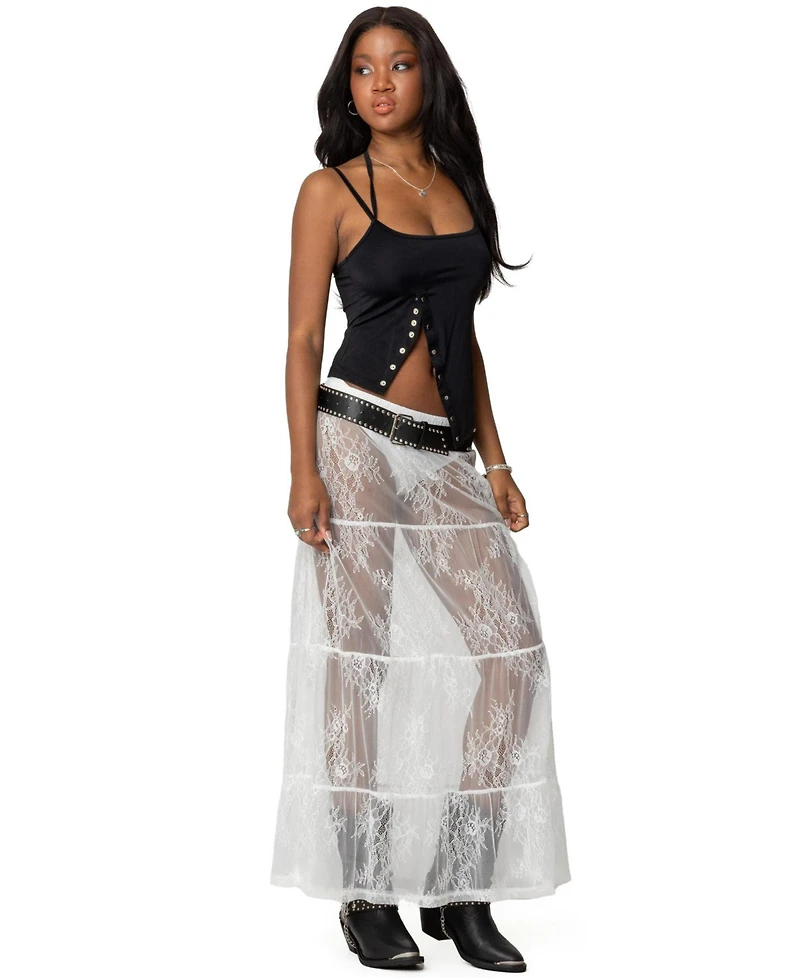Edikted Womens Tiered Sheer Lace Maxi Skirt