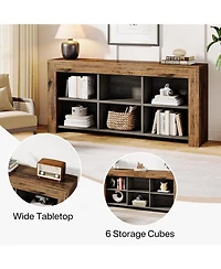 Tribesigns Horizontal Bookcase, Industrial 6 Cubes Storage Organizer Long Bookshelf, Rustic Wood Low Bookshelf Wide Cubby Bookcase for Home Office, Li