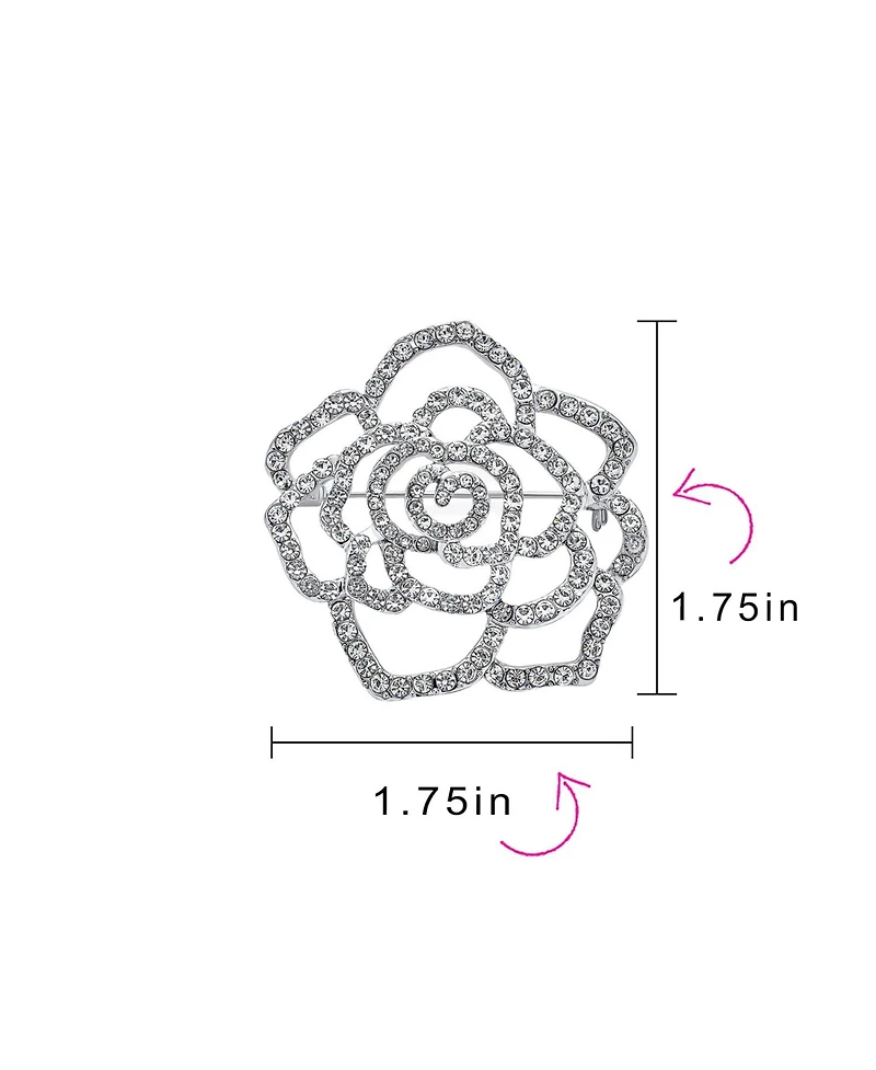 Bling Jewelry Sparkling Rose Flower Brooch Pin with Crystals Silver Tone Rhodium Plated