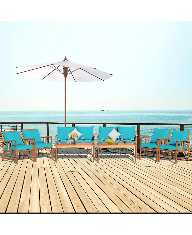 8PCS Wooden Patio Furniture Set Table Sofa Chair Cushioned Garden