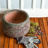 Round Lava Finish Ceramic Planter - Green Distressed Ceramic - 14" Round