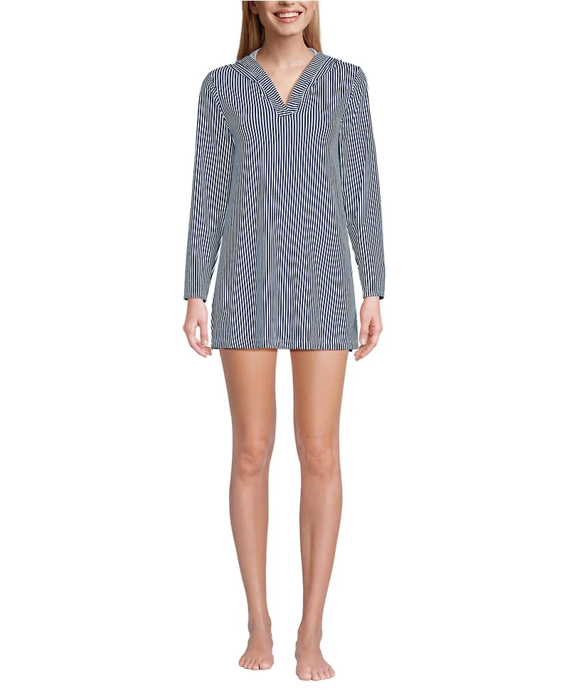 Lands' End Women's Long SunShade Upf 50 Hooded Mini Swim Cover-Up Dress