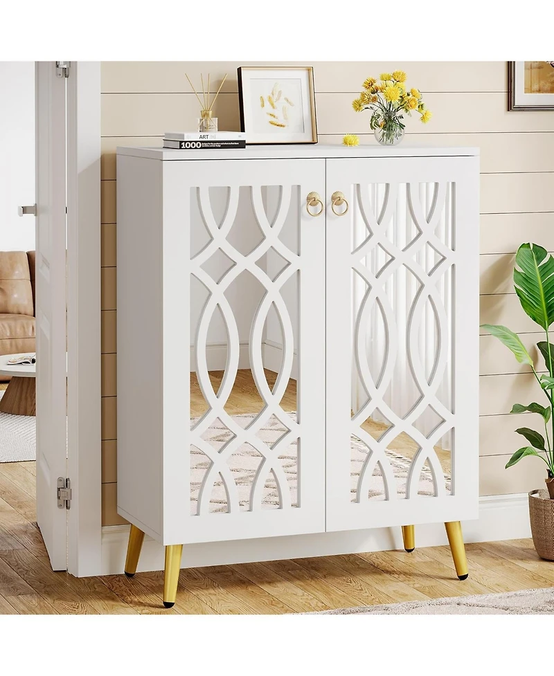 Tribesigns Mirrored Shoe Cabinet, 5-Tier White Modern Shoe Organizer Cabinet with Doors, Wooden Freestanding 25-Pair Shoe Rack Closet Storage Cabinet