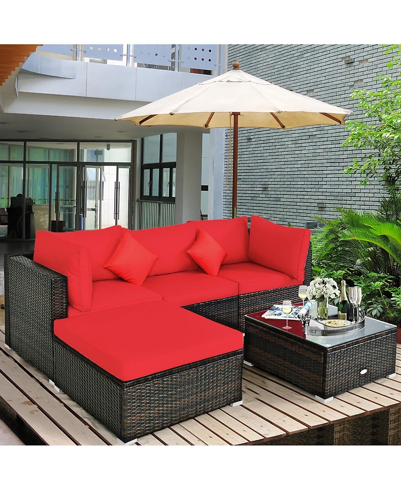 Gymax 5PCS Rattan Sectional Sofa Set Patio Furniture Set w/ Red Cushion Pillow