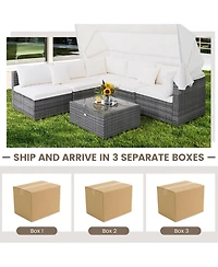 Gymax 6 Pcs Pe Rattan Patio Furniture Set w/ Tempered Glass Table and Retractable Canopy