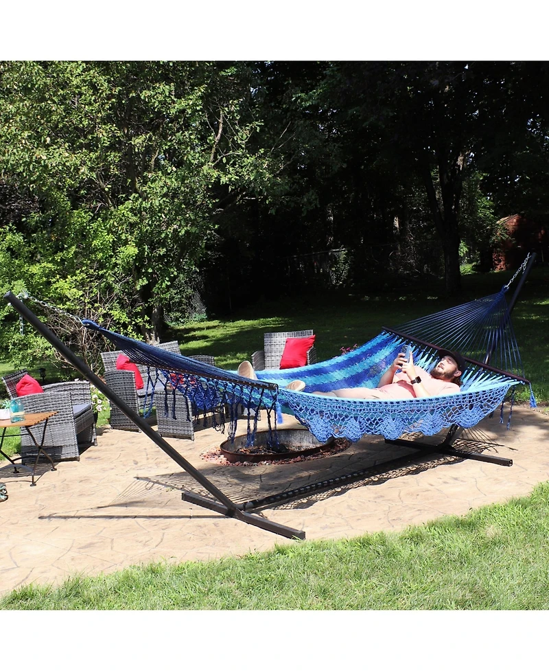Deluxe American-Style 2-Person Hammock with Spreader Bars and Stand - 400 lb Weight Capacity/15' Stand - Blue