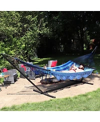 Deluxe American-Style 2-Person Hammock with Spreader Bars and Stand - 400 lb Weight Capacity/15' Stand - Blue