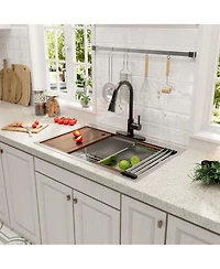 33'' Stainless Steel Kitchen Sink Faucet Sets, Kitchen Undermount Single Bowl with Cutting Board, Roller Blind, Drain Basket