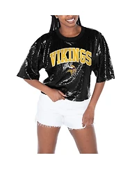 Gameday Couture Women's Black Minnesota Vikings Rise Up Sequin Cropped T-Shirt