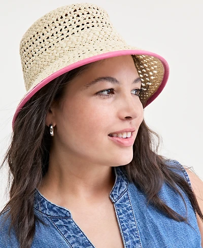 On 34th Faux-Leather-Trim Straw Bucket Hat, Exclusively at Macy's